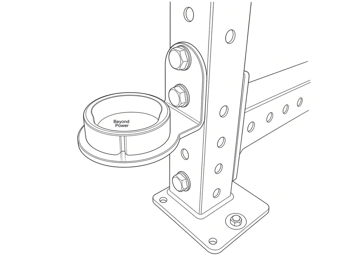 Line drawing of a Voltra Mounts bolt-on Mount with a DIY Dock, bolted to a 3x3 rack upright