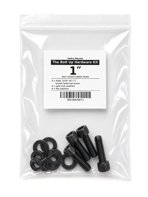 The Bolt Up Hardware Kit, 1″ bolts: four 5/16″-18 × 1″ black socket head cap screws with split lock and flat washers in a labeled clear bag