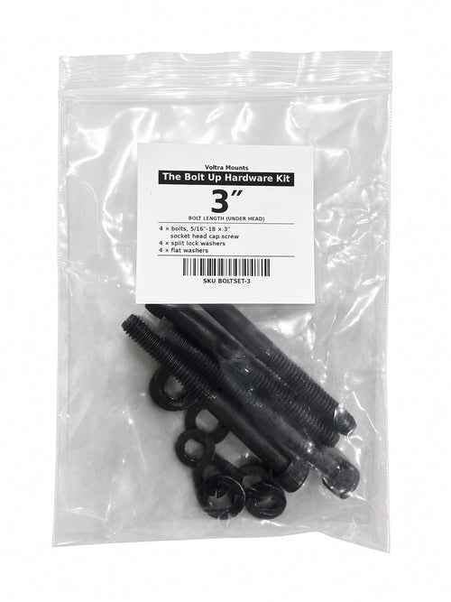 The Bolt Up Hardware Kit, 3″ bolts: four 5/16″-18 × 3″ black socket head cap screws with split lock and flat washers in a labeled clear bag