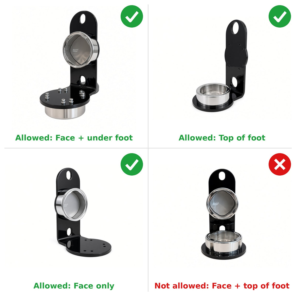 Dock configurations: allowed on the face and under the foot, on top of the foot, or on the face only; not allowed on the face and top of the foot together